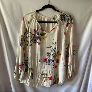 Floral V-Neck Blouse - Cream with Multicolor Floral Print